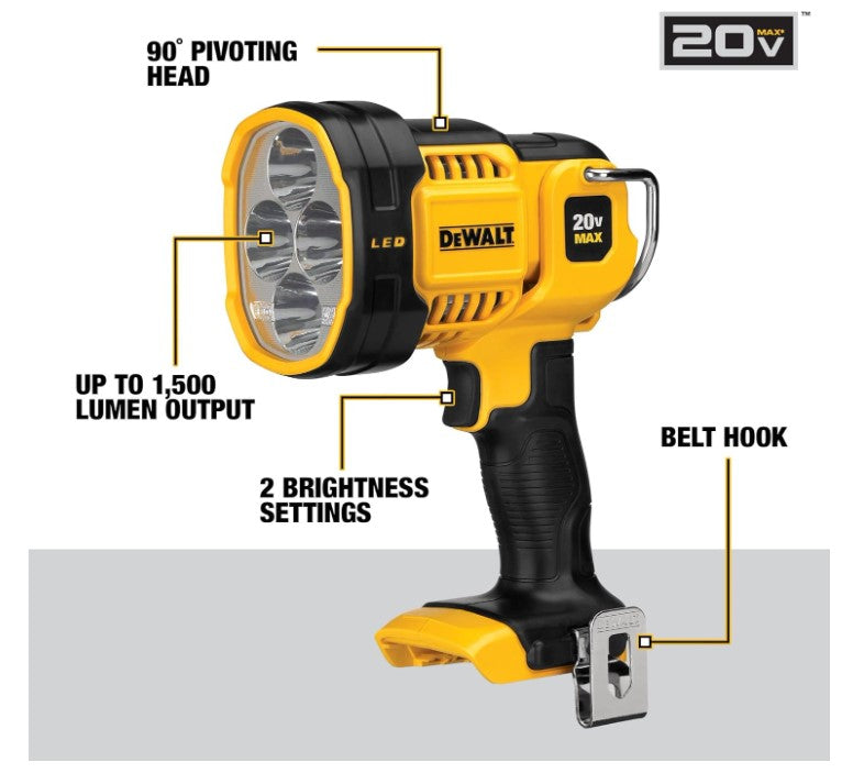 DEWALT 20V MAX LED Work Light, Handheld Spotlight with 508 Yard Distance, Pivoting Head, 1500 Lumens, Cordless, Battery Not Included (DCL043)