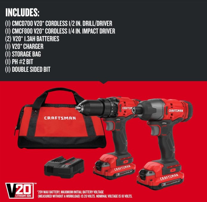 CRAFTSMAN V20 MAX Cordless Drill and Impact Driver, Power Tool Combo Kit with 2 Batteries and Charger (CMCK200C2AM)