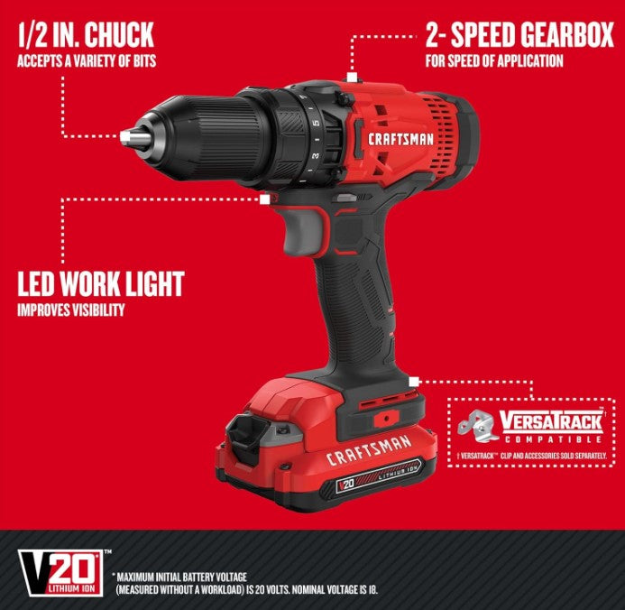 CRAFTSMAN V20 MAX Cordless Drill and Impact Driver, Power Tool Combo Kit with 2 Batteries and Charger (CMCK200C2AM)